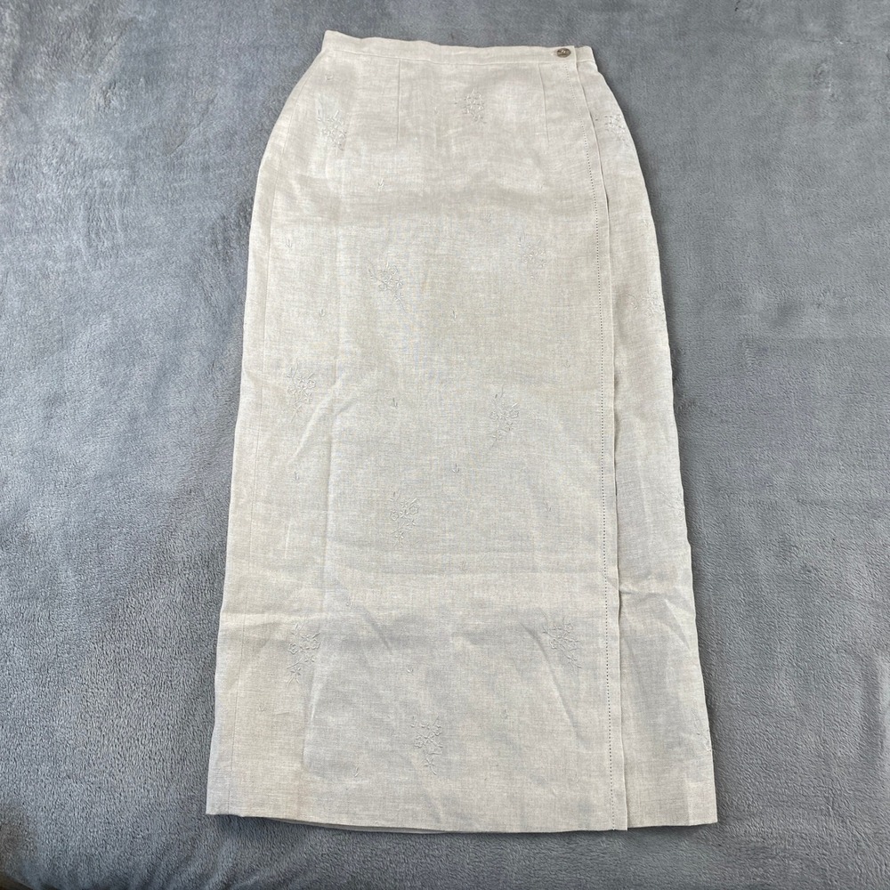 Vintage Talbots Linen Skirt Maxi Womens 4 Beige Floral Embroidered Wrap Long
